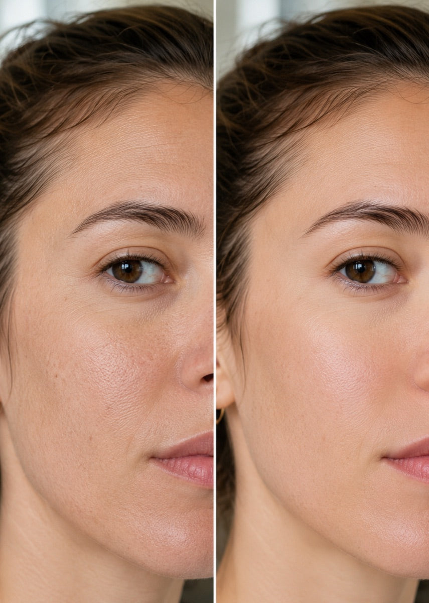 Avant / après — visage plus net et lumineux après 30 jours avec l'eau filtrée Ondéa M2