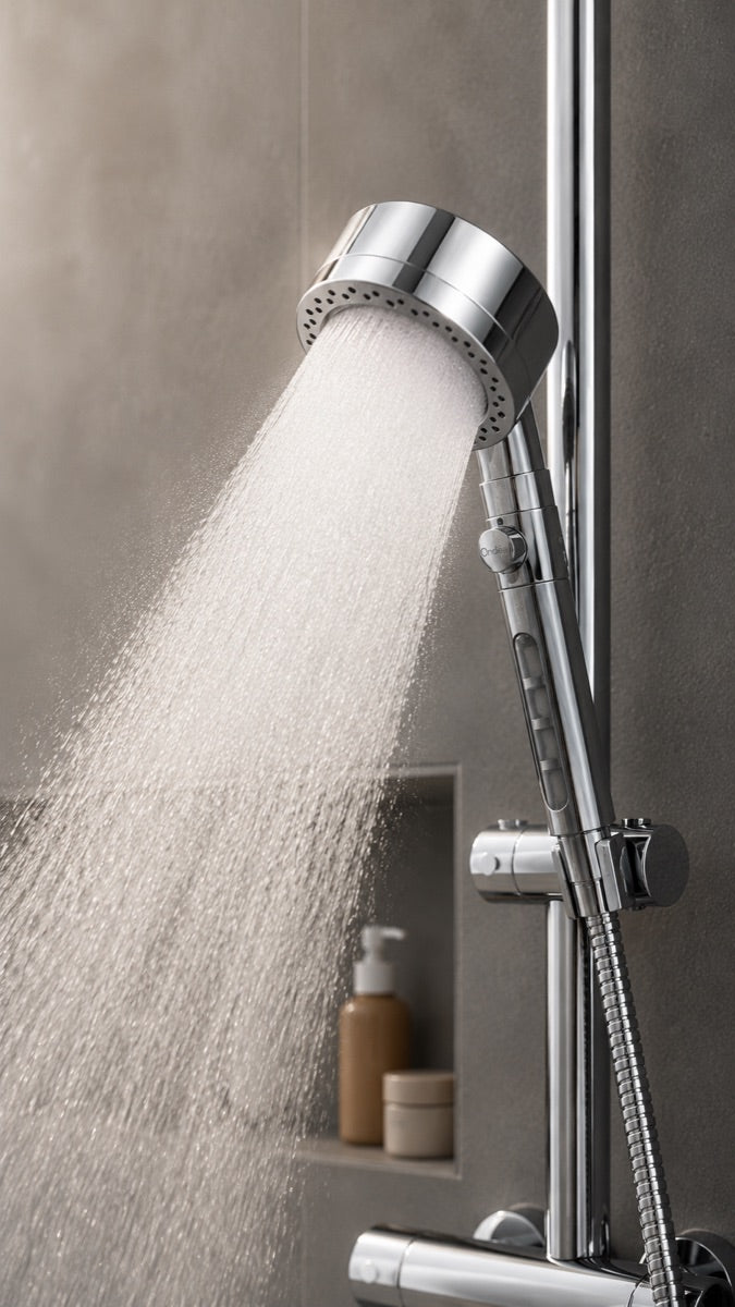 Pommeau Ondéa M2 chromé qui pulvérise une eau filtrée dense — chlore, métaux lourds et impuretés capturés, pression renforcée pour une sensation spa